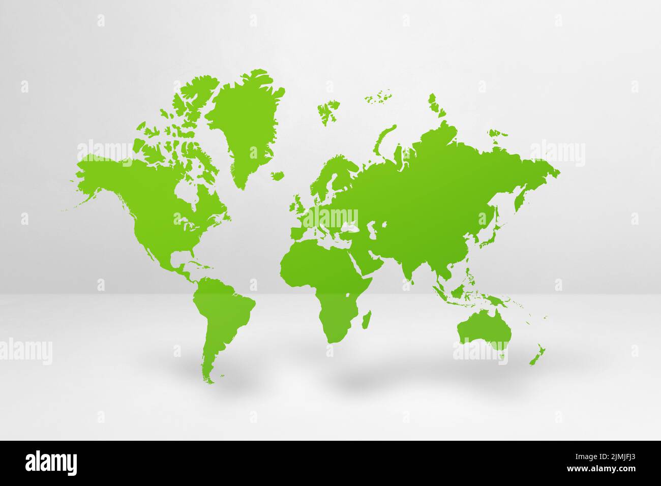 Green world map on white wall background. 3D illustration Stock Photo