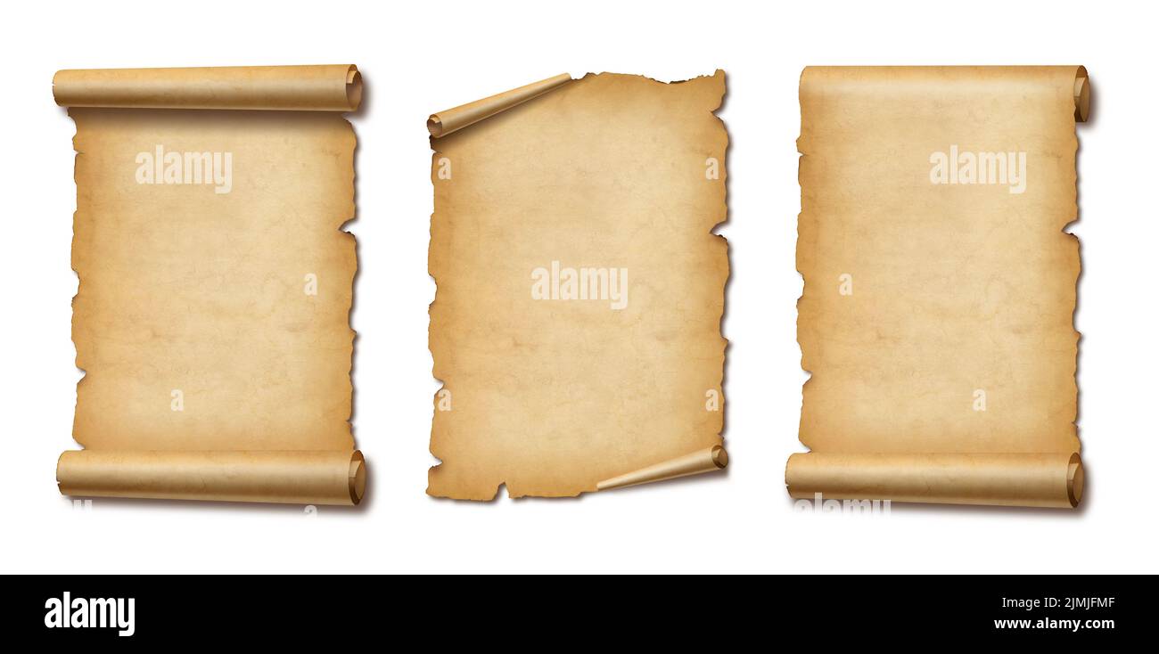 Old Parchment paper scroll set isolated on white with shadow. Vertical ...