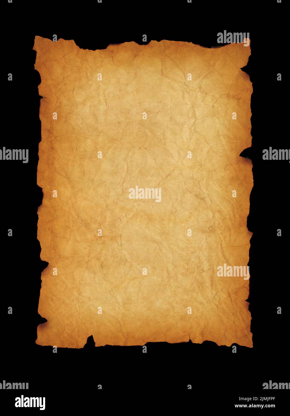 Old mediaeval paper sheet. Parchment scroll isolated on black Stock Photo