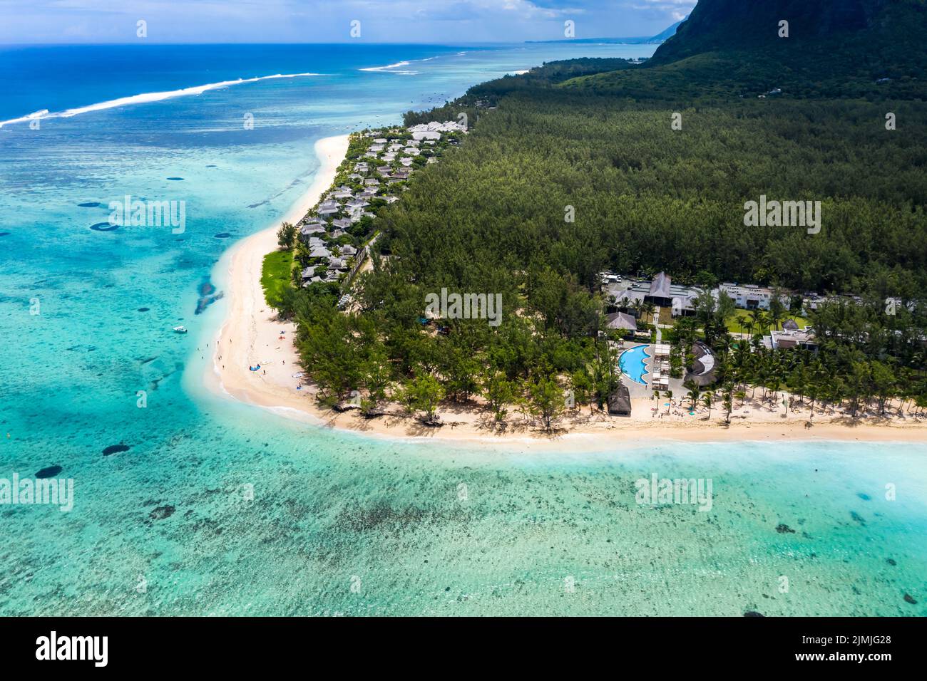 Aerial view, le Morne beach and Hotel Riu Le Morne, Mauritius, Africa Stock Photo