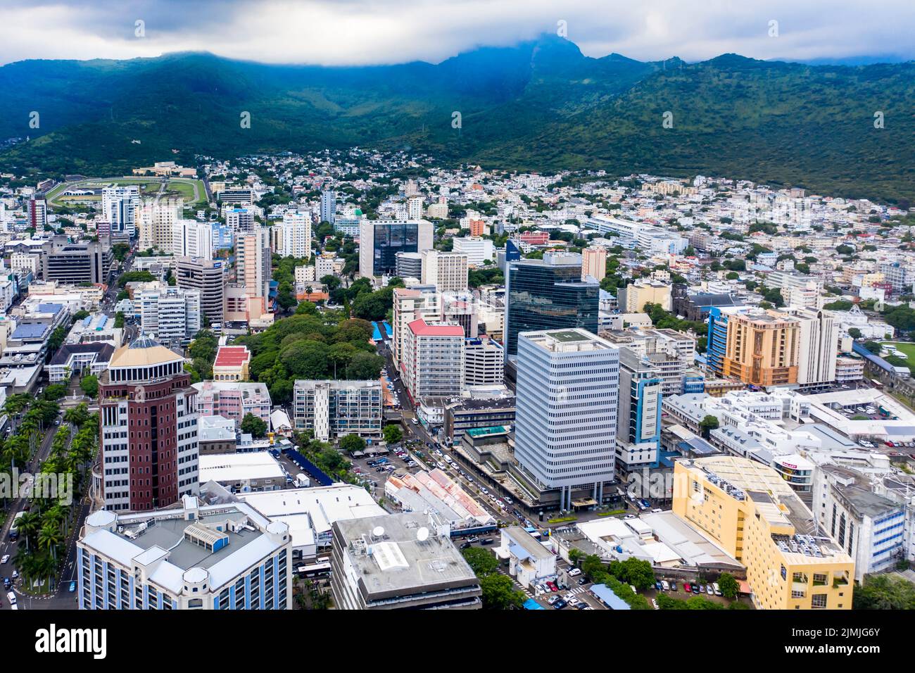 Aerial view, city view of Port Louis with harbor, old town and