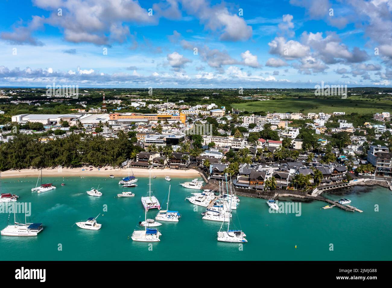 Aerial view, beaches with luxury hotels with water sports and boats at Grand Baie Pamplemousses Region, Mauritius, Africa Stock Photo