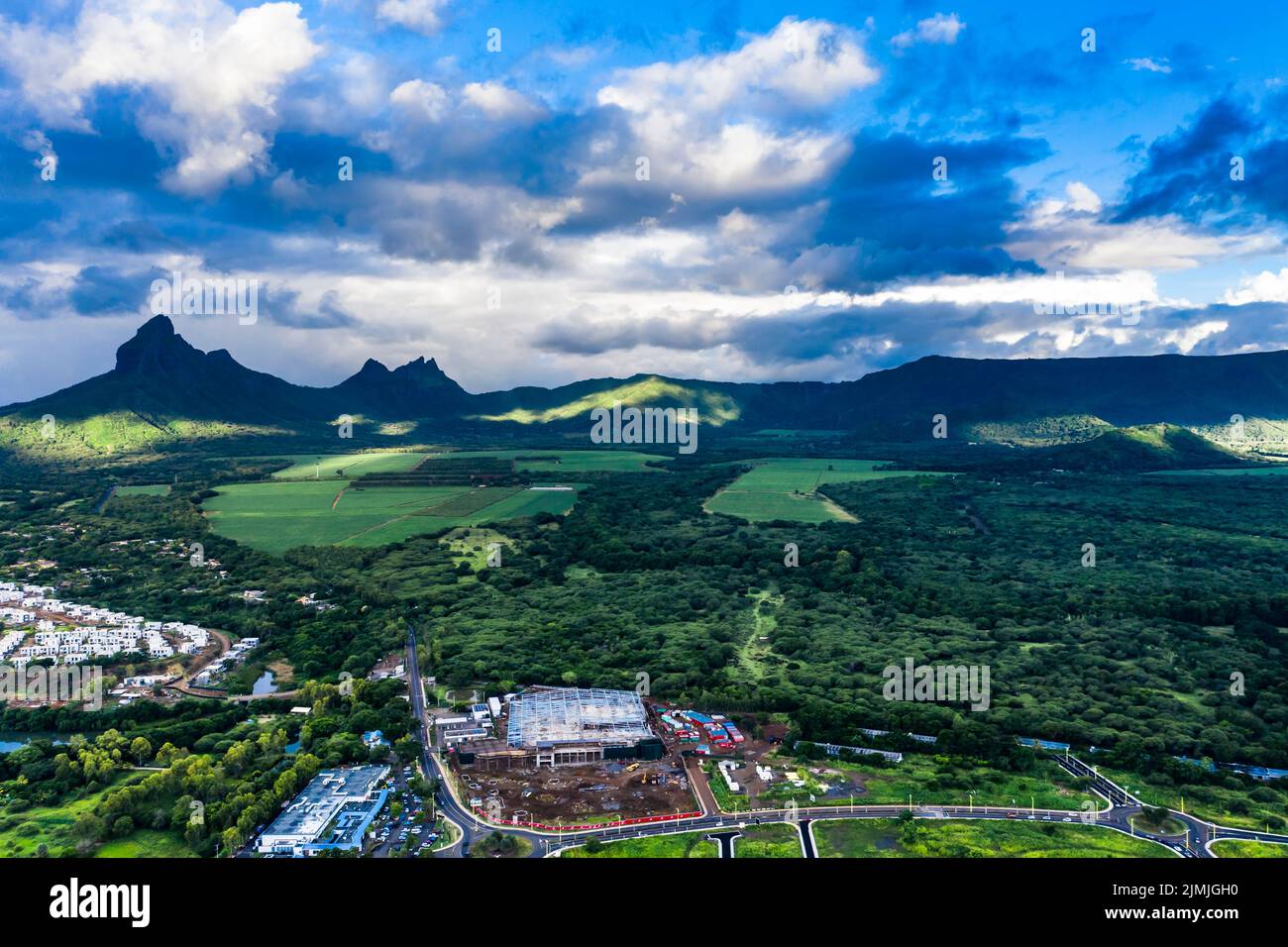 Aerial view The beach at Flic en Flac with luxury hotels and palm trees