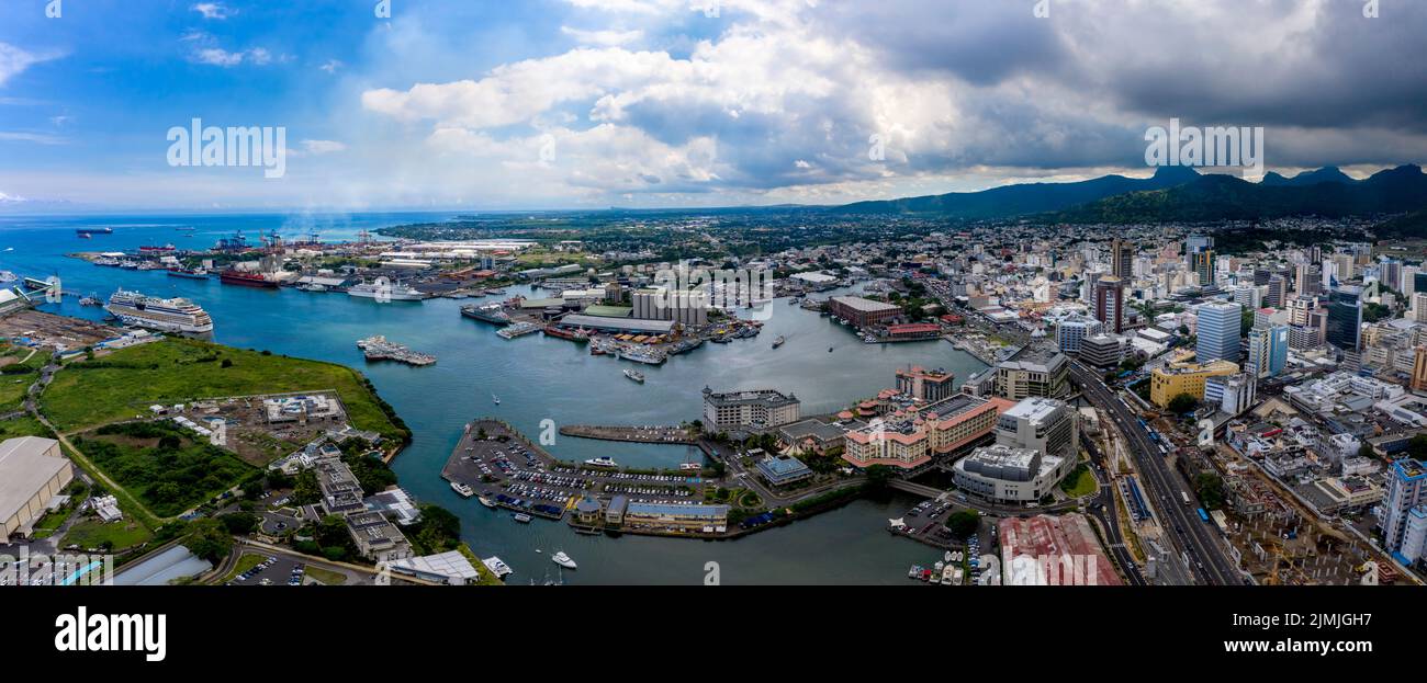Aerial view, city view of Port Louis with harbor, old town and