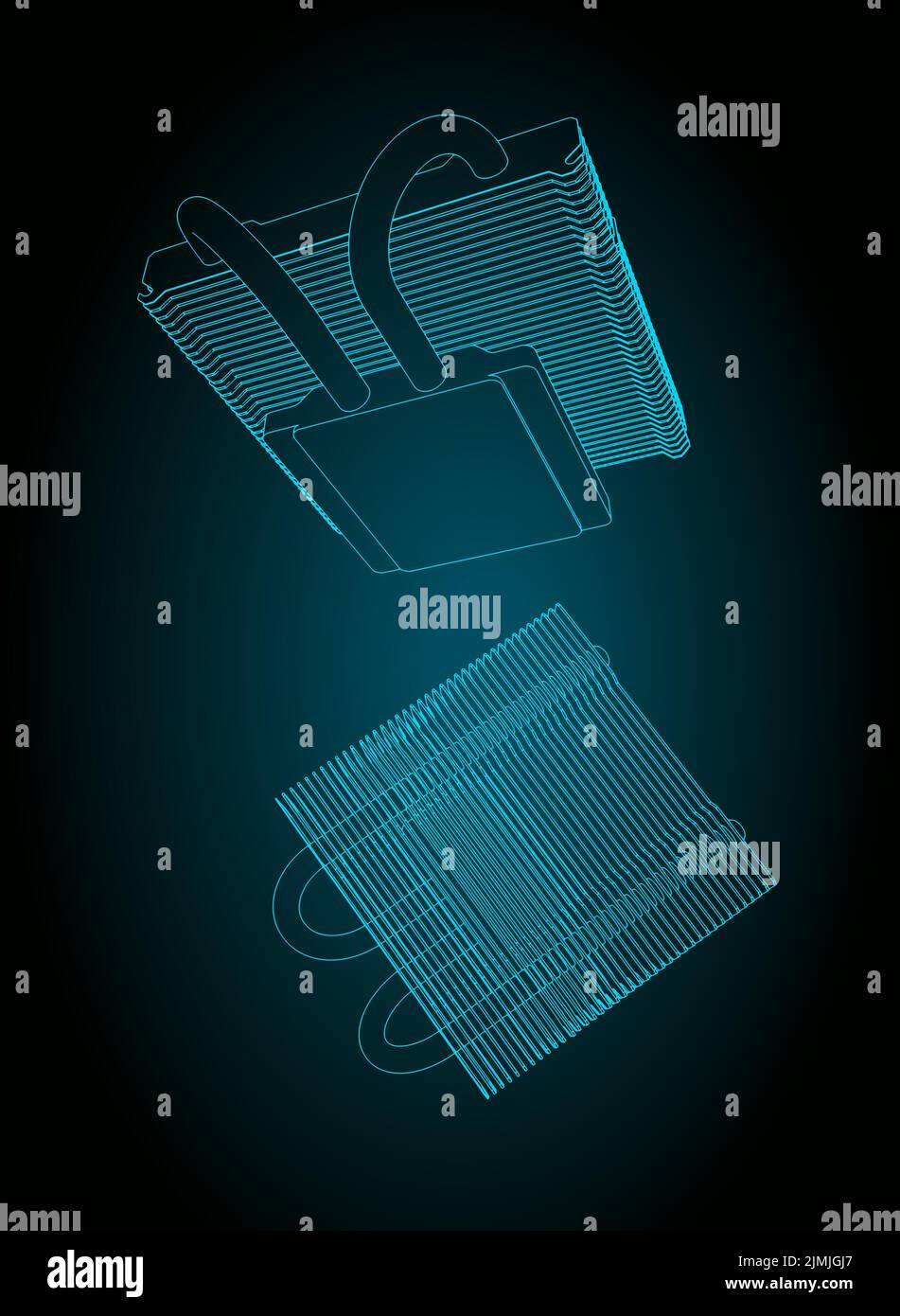 Stylized vector illustration of drawings of slim CPU cooler heatsink ...