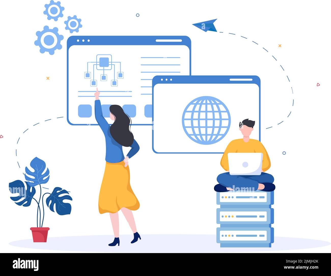 ISP or Internet Service Provider Cartoon Illustration with Keywords and Icons for Intranet Access, Secure Network Connection and Privacy Protection Stock Vector