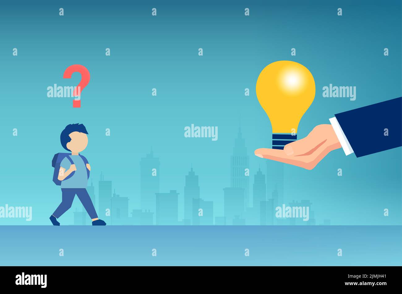 Question and answer concept. Vector of a young student with a question mark is offered a solution bright idea light bulb Stock Vector