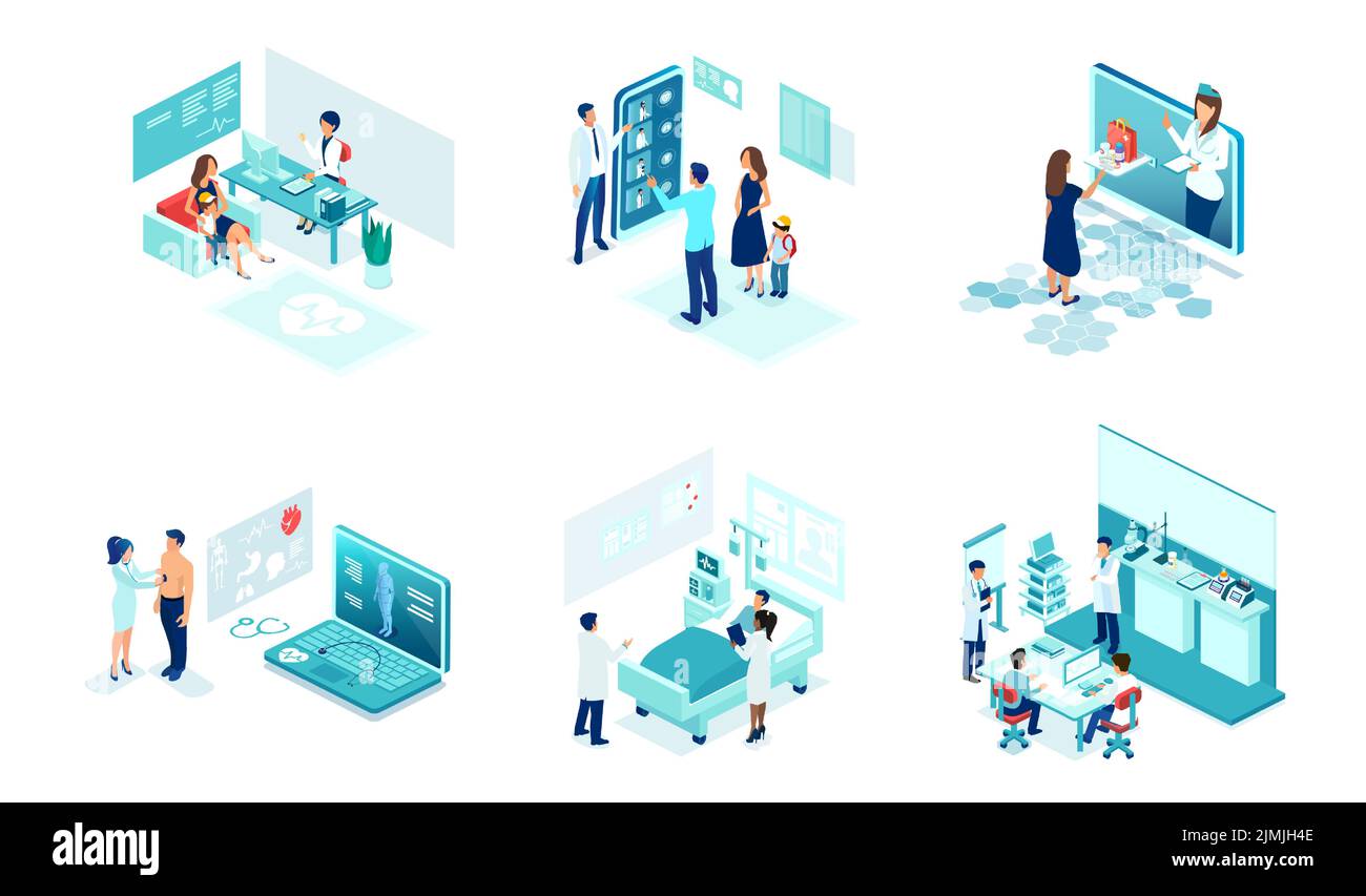 Isometric vector set of health care professionals doctors and nurses providing medical services to patients Stock Vector