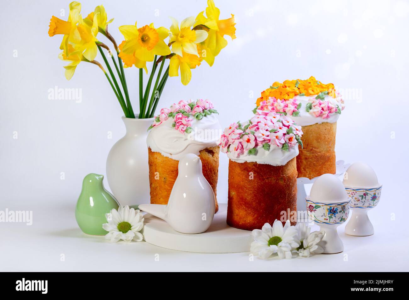 Easter cakes with decorative birds. Stock Photo