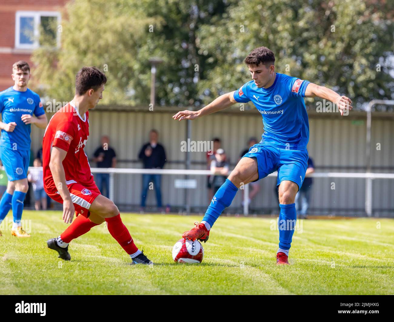 Gorsey Lane, Warrington, Cheshire, UK. 06th Aug, 2022. Warrington Rylands FC host Shildon AFC in the last of their pre-season friendlies. Rylands, in blue, came out winners by four goals to one Credit: John Hopkins/Alamy Live News Stock Photo