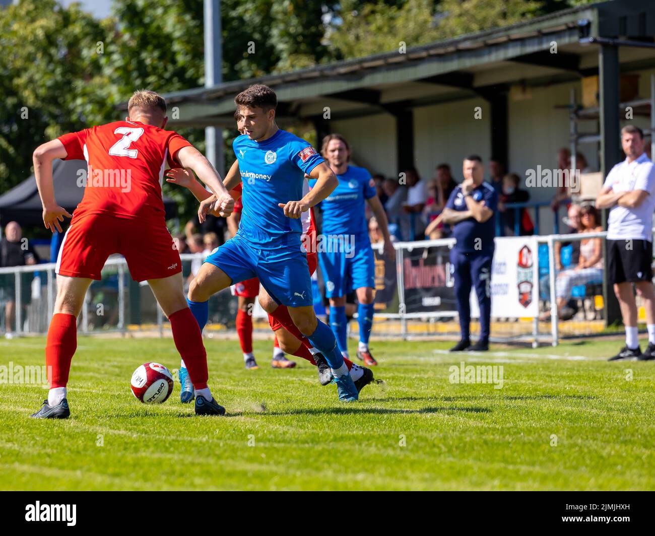 Gorsey Lane, Warrington, Cheshire, UK. 06th Aug, 2022. Warrington Rylands FC host Shildon AFC in the last of their pre-season friendlies. Rylands, in blue, came out winners by four goals to one Credit: John Hopkins/Alamy Live News Stock Photo