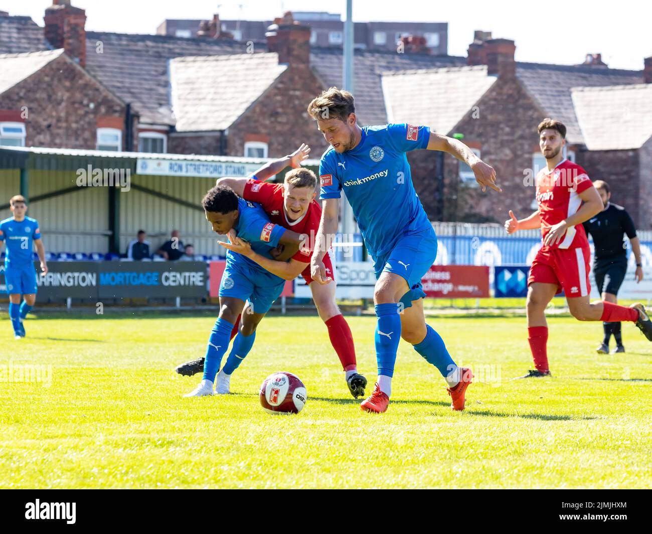 Gorsey Lane, Warrington, Cheshire, UK. 06th Aug, 2022. Warrington Rylands FC host Shildon AFC in the last of their pre-season friendlies. Rylands, in blue, came out winners by four goals to one Credit: John Hopkins/Alamy Live News Stock Photo