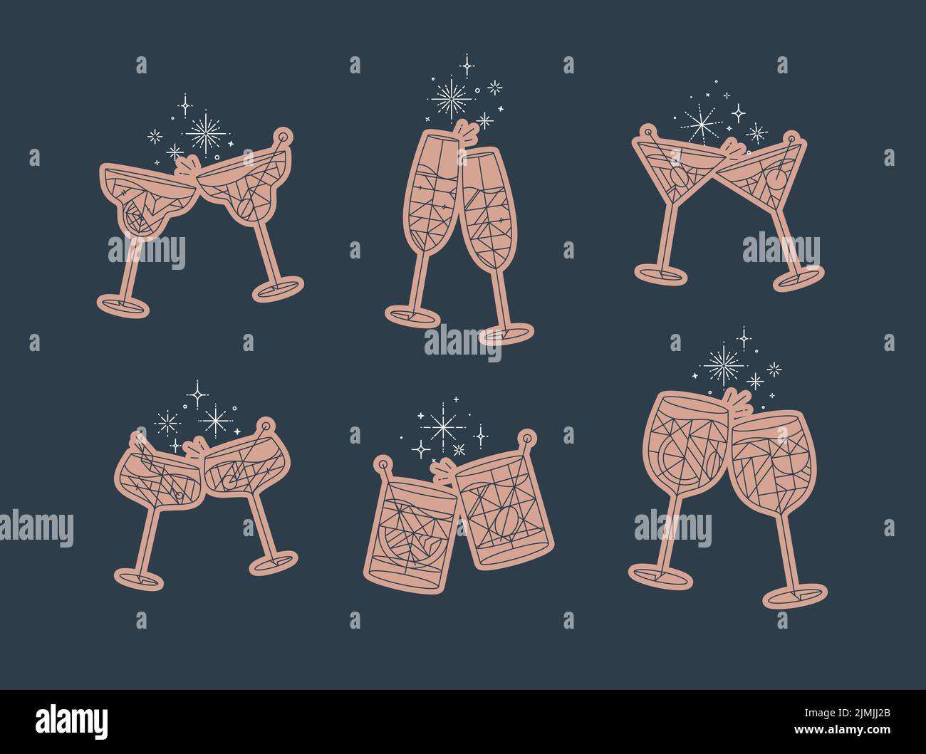 Cocktail glasses cheers for prosecco, wine, whiskey, vermouth, gin