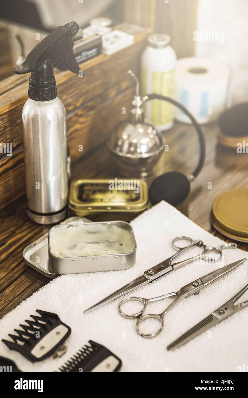Different hair dressing equipment in the barbershop Stock Photo