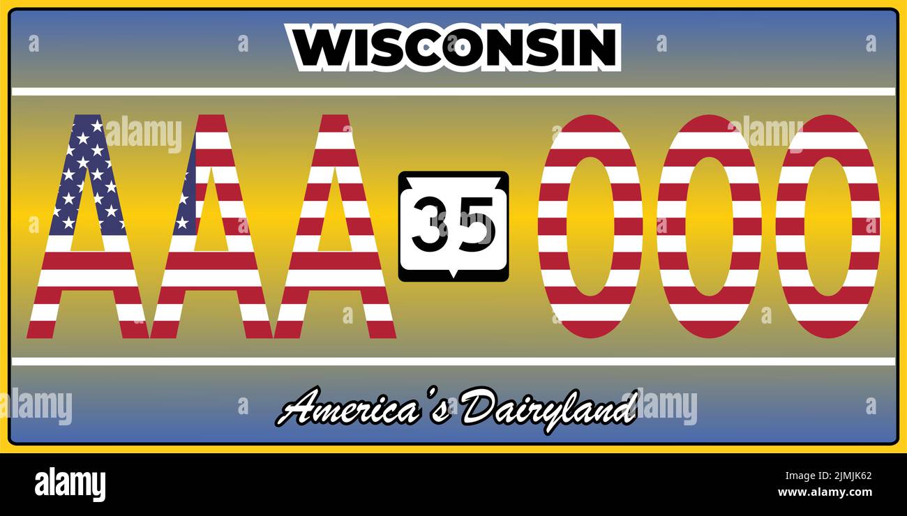 Vehicle license plates marking in Wisconsin in United States of America. Car plates. Vehicle license numbers of different American states. Stock Vector