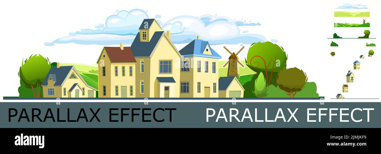 Village. Street with houses. Cartoon cheerful flat style. Image from layers for overlay with parallax effect. Small cozy suburban cottages with trees Stock Vector