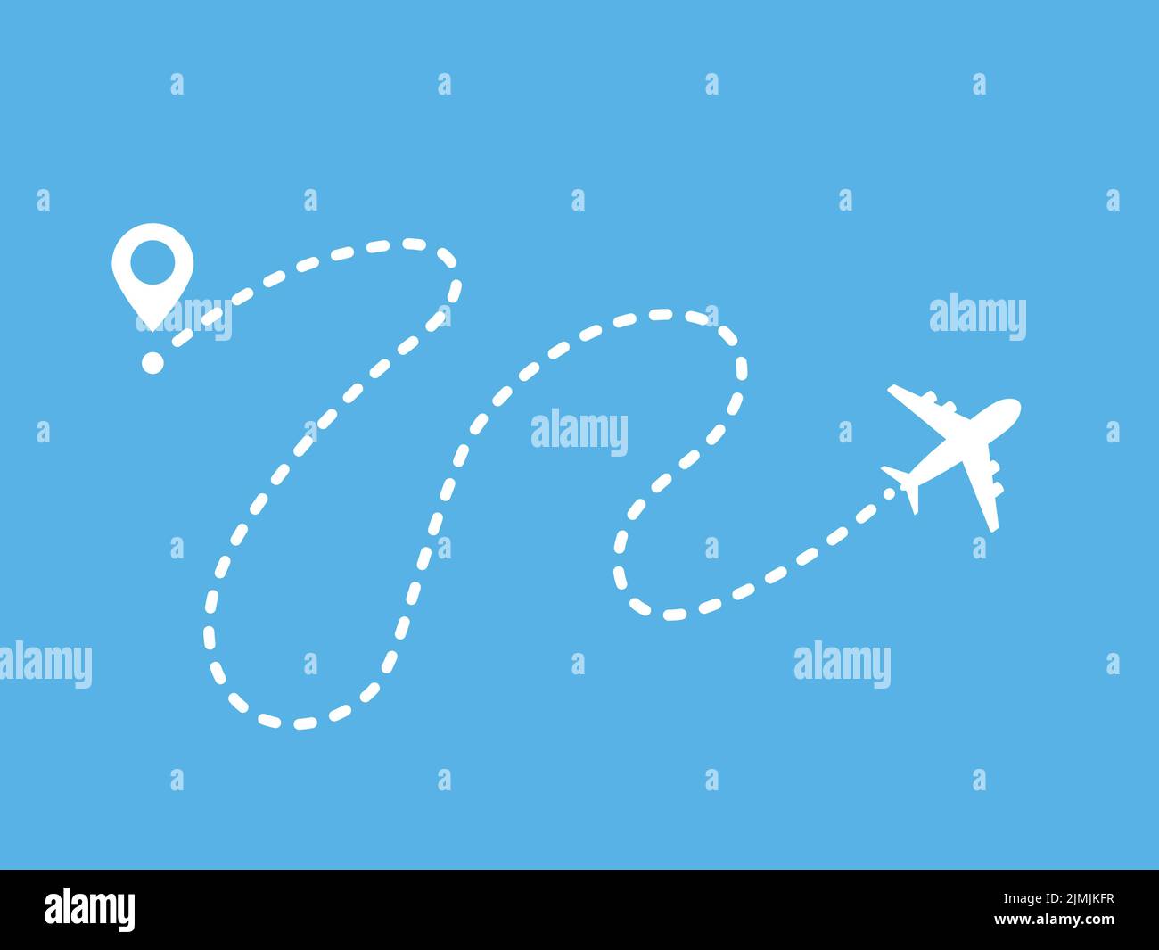 White silhouette of jet airplane with dashed curved line route isolated on blue. Travel vector concept Stock Vector