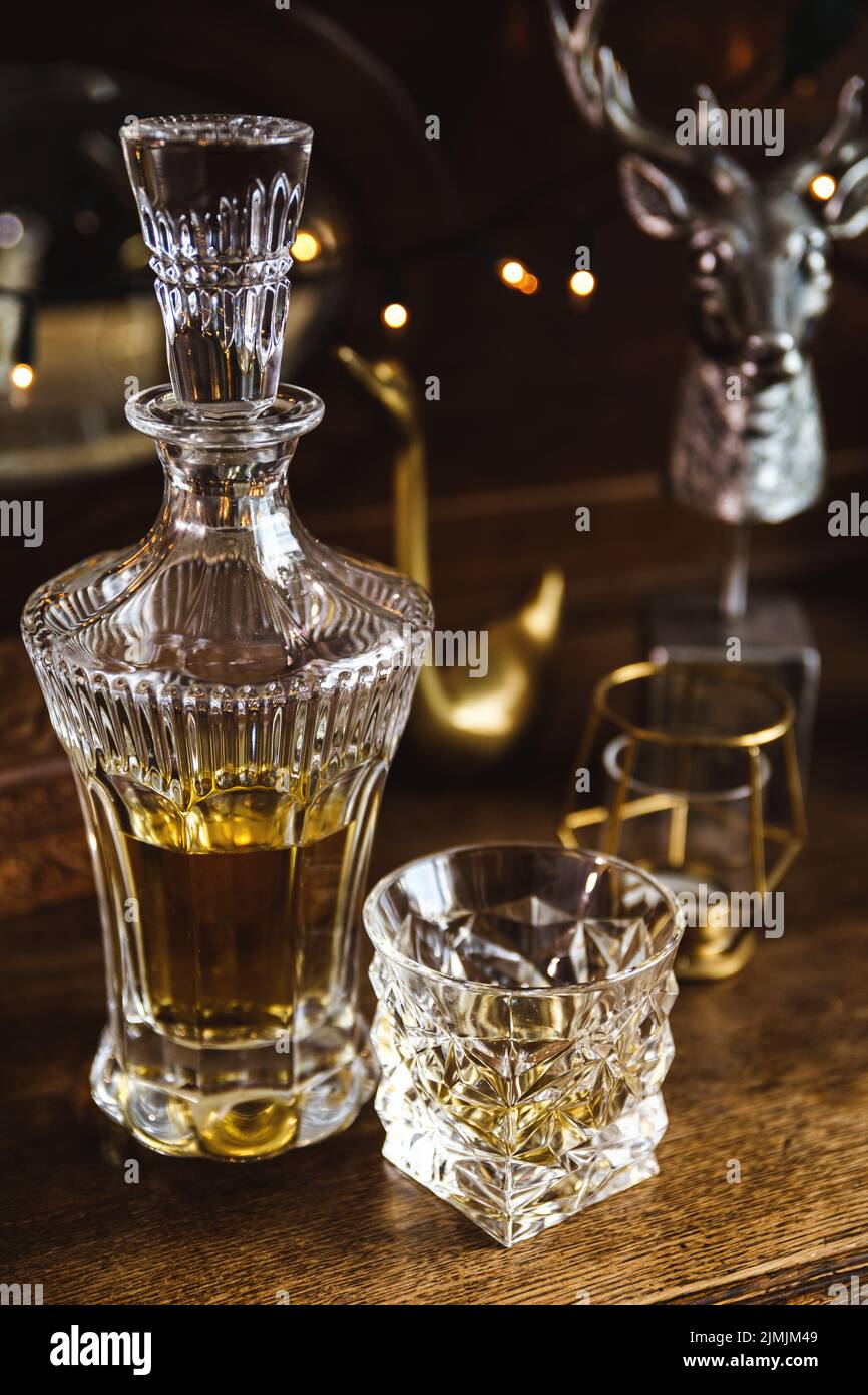 Expensive crystal decanter and glass of whiskey Stock Photo Alamy
