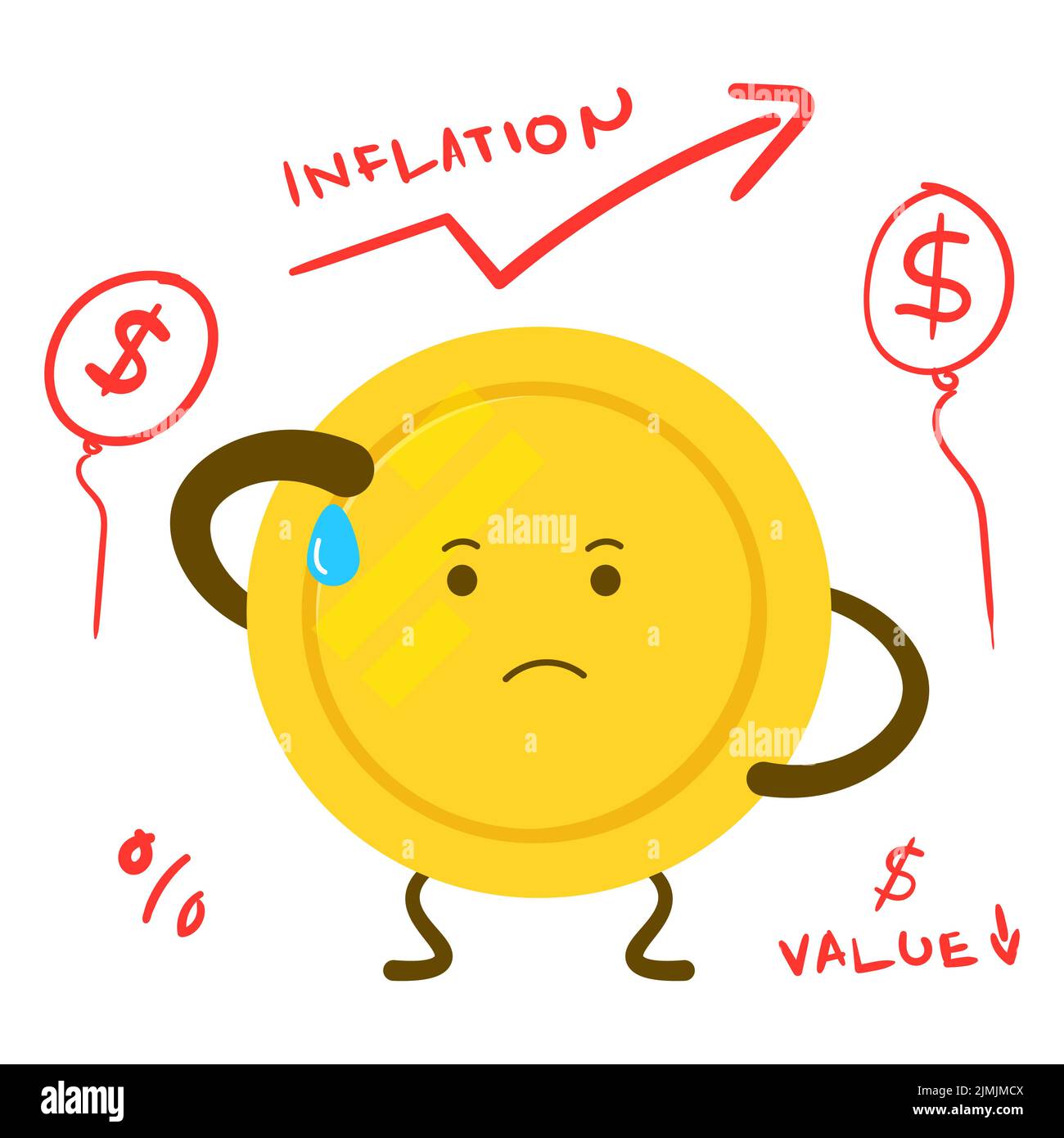 tired coin illustration with rising inflation chart with handwritten text and graphics vector Stock Vector