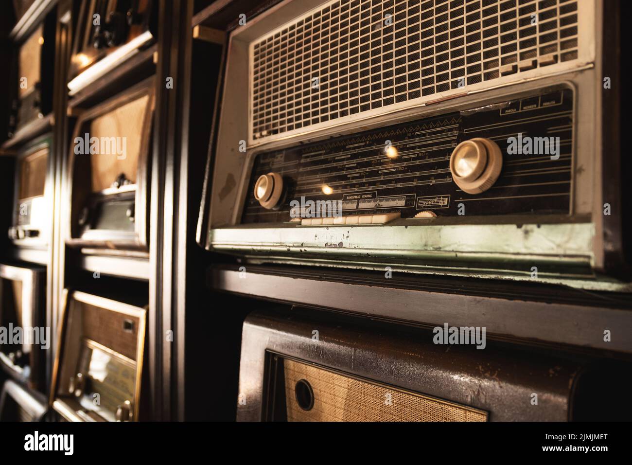 Background with a different old radio receivers Stock Photo