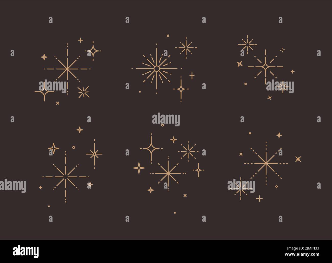 Clink splashes, stars, glowing in flat line art deco style drawing on brown background Stock Vector