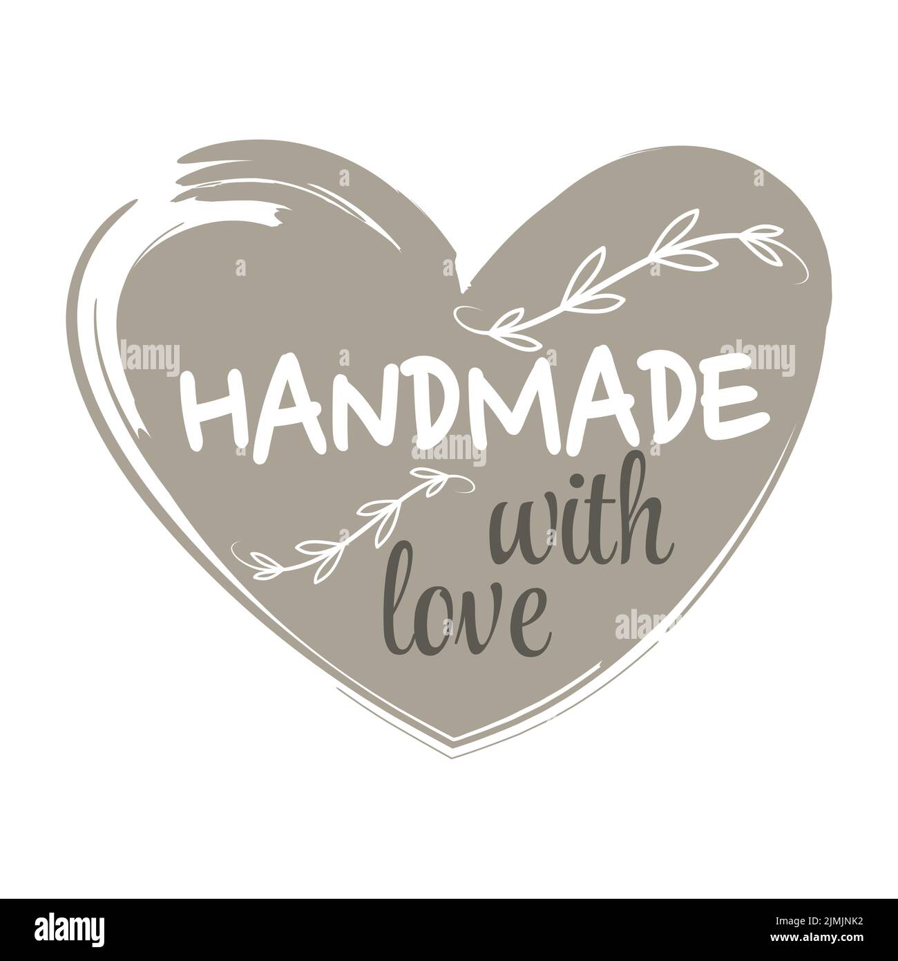 Hand made grunge heart label. Handmade with love lettering stamp, dry brush vector. Stock Vector