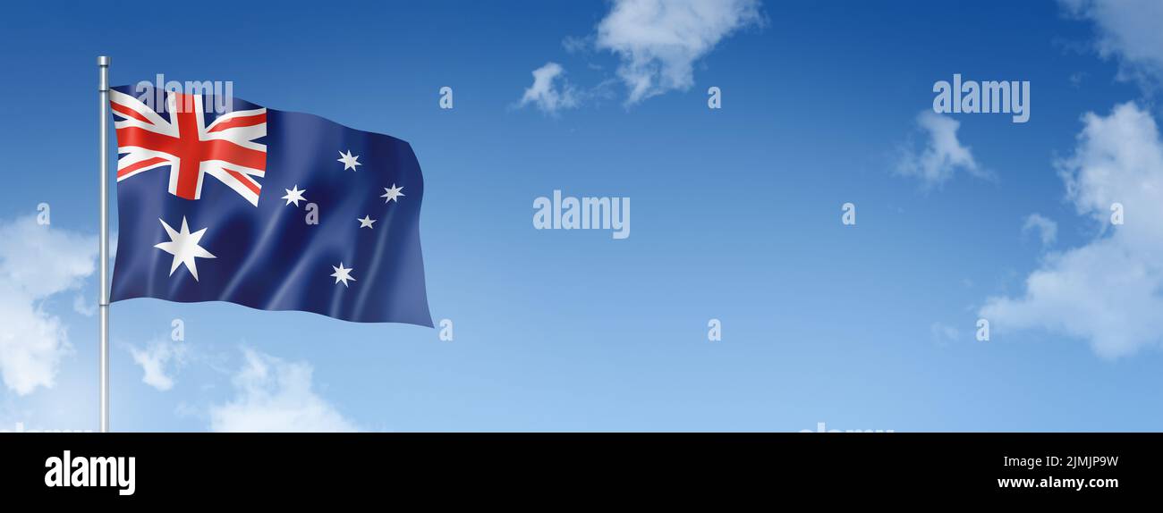 Australian flag isolated on a blue sky. Horizontal banner Stock Photo