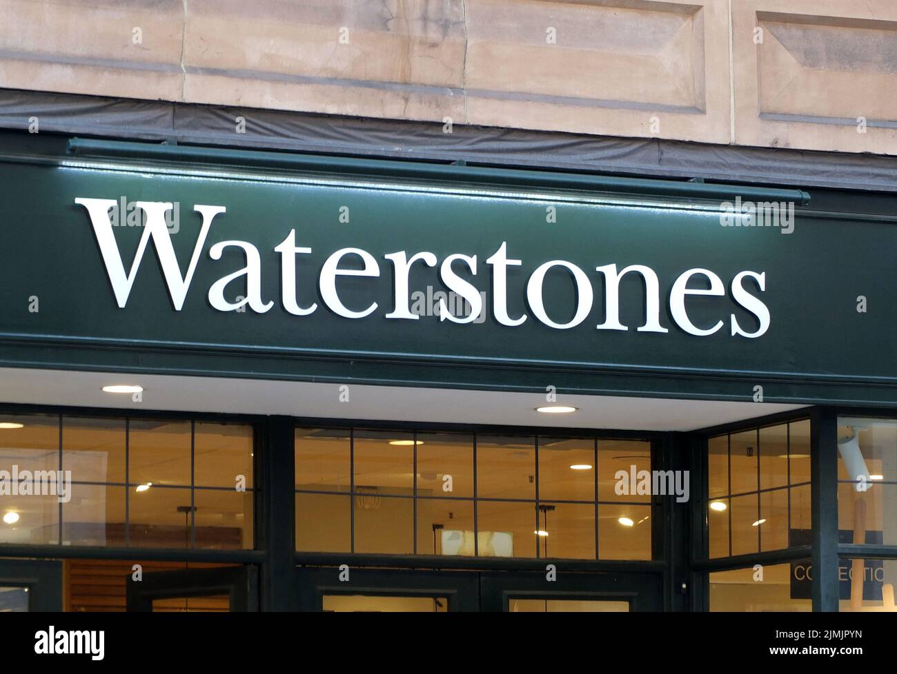 Sign above the entrance to a waterstones book store in leeds city