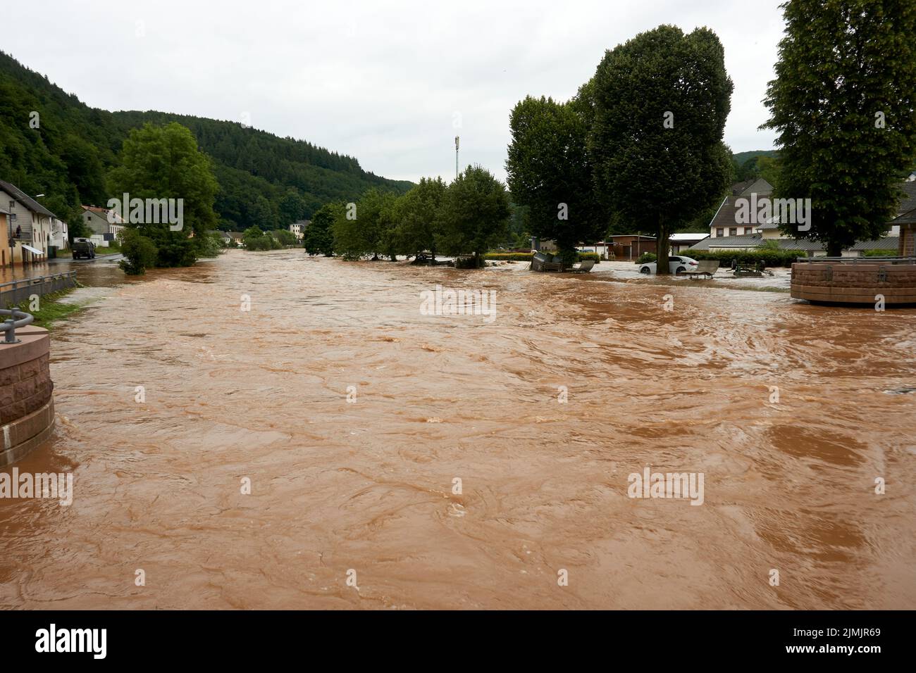 Summer flood of the Kyll in Muerlenbach in the Eifel in July 2021 Stock Photo
