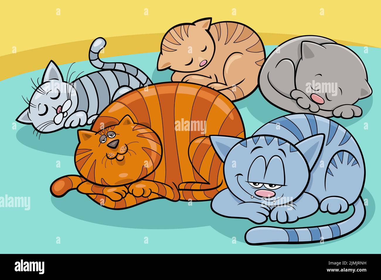 Cartoon sleeping cats and kittens animal characters group Stock Photo