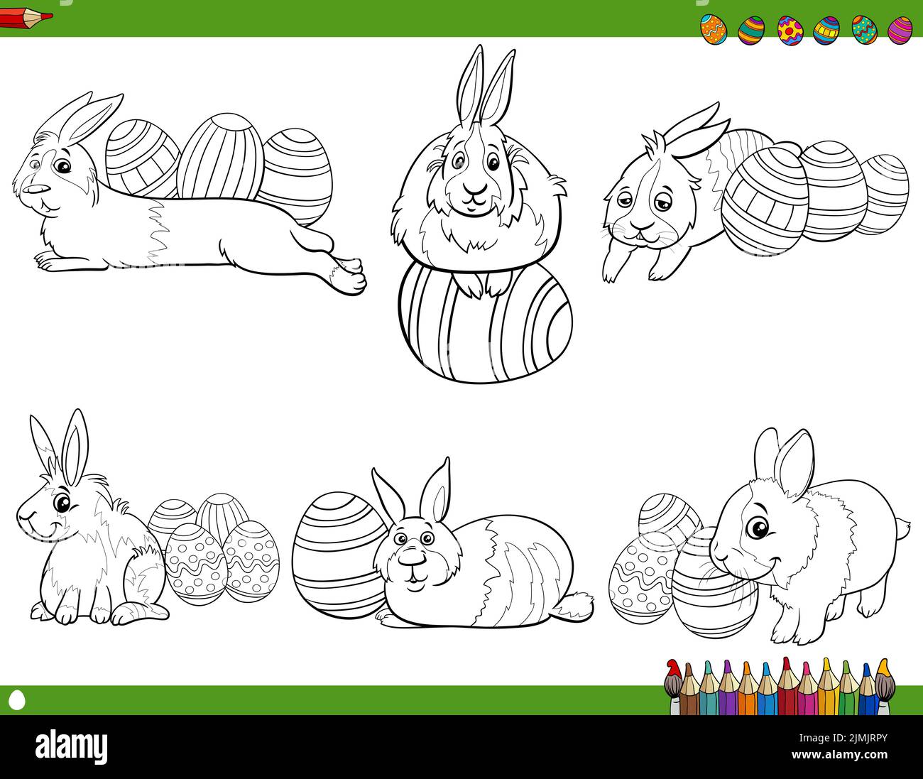Easter bunnies characters and eggs coloring book page Stock Photo - Alamy
