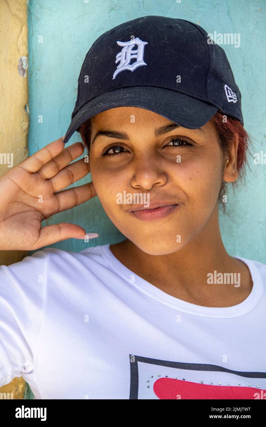 A 22 year old Cuban woman wearing a Detroit Tigers hat, Havana, Cuba