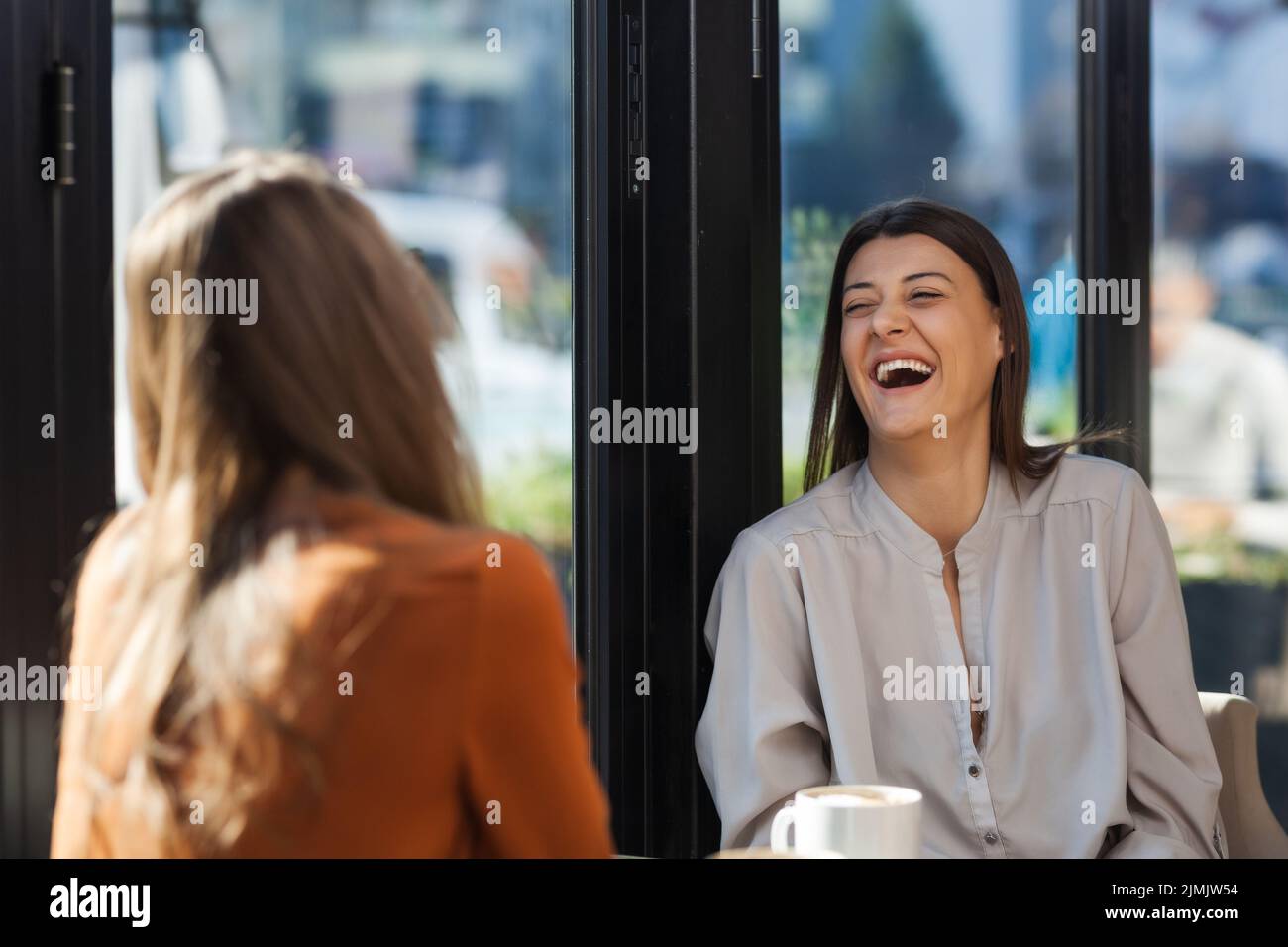Two young business women in a cafe having one on one meeting. Friends ...