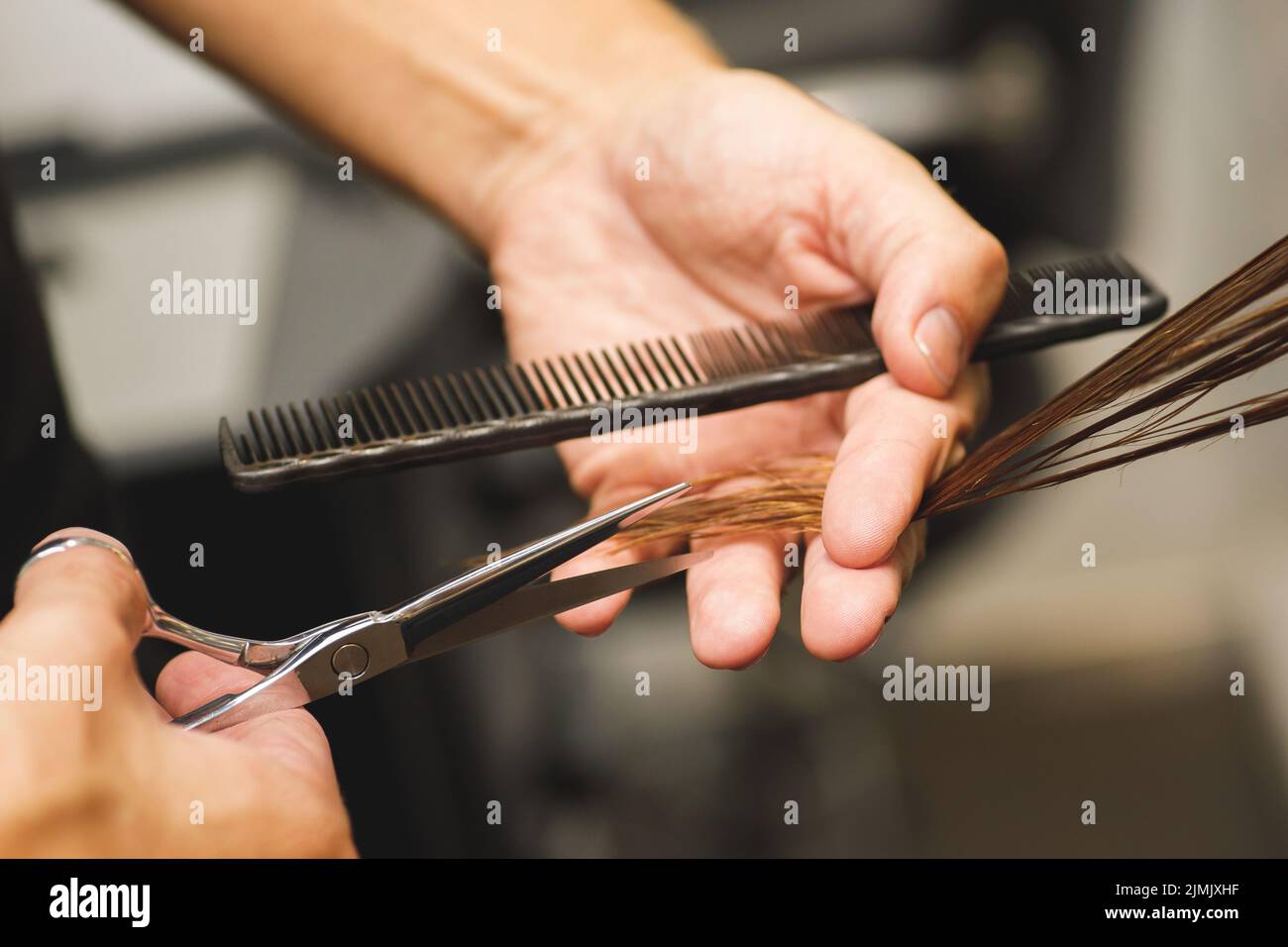 Hairdresser male hands during cutting female hair Stock Photo