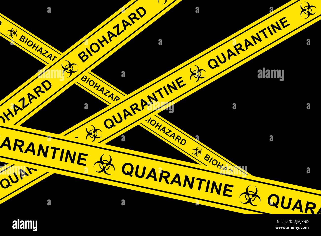 Yellow barricade tape with different warnings about COVID19 quarantine