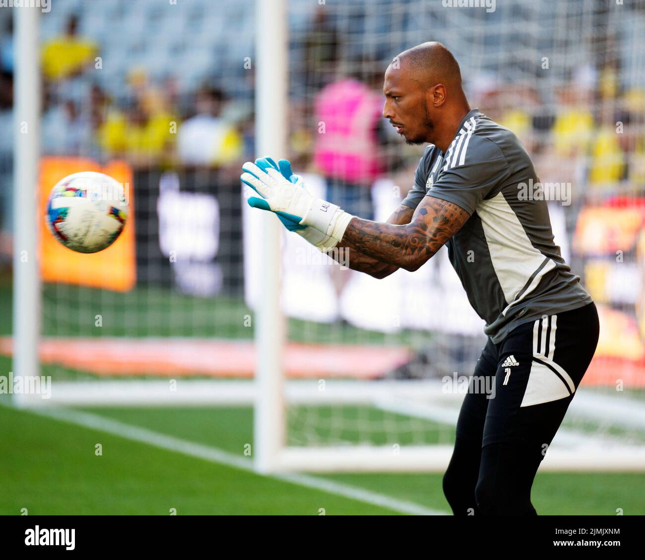 August 6, 2022: Columbus Crew goalkeeper Eloy Room (1) warms up before facing New York City in their match in Columbus, Ohio. Brent Clark/CSM Stock Photo