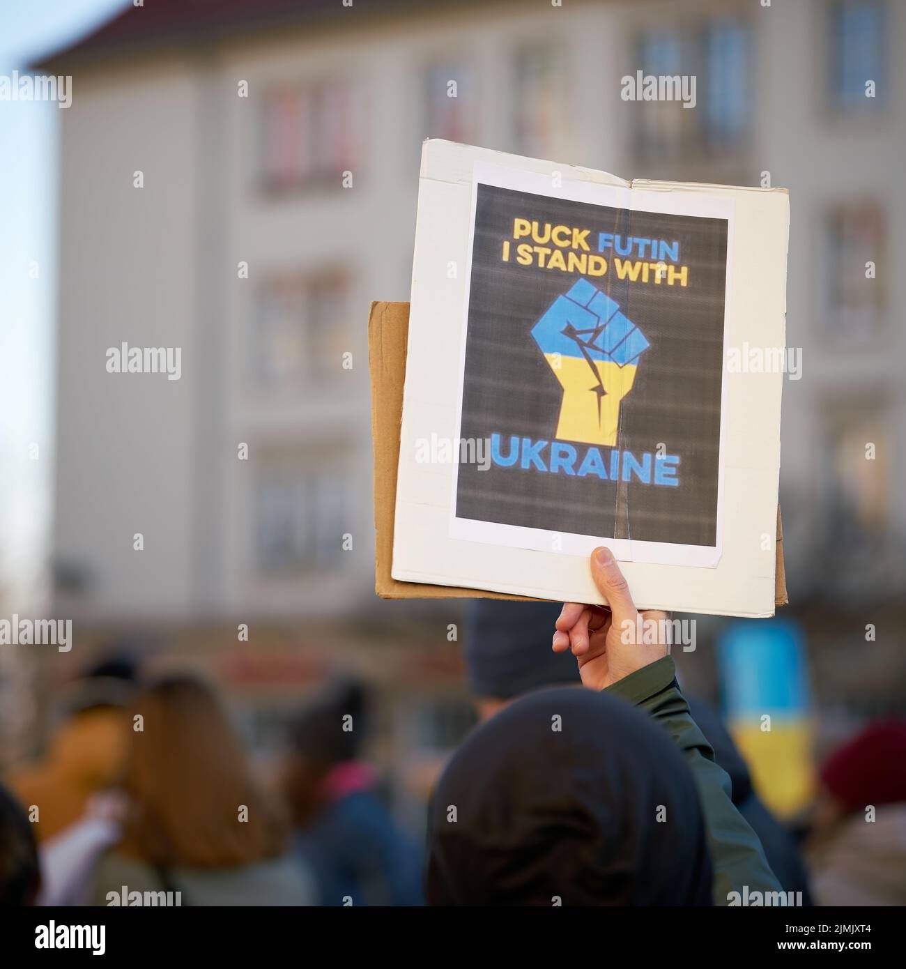 Demonstration against Putin and the invasion of Ukraine by Russian troops in the center of Magdeburg Stock Photo
