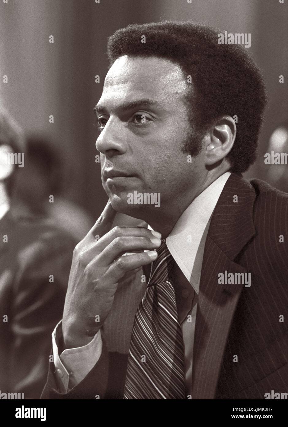 Andrew Young, U.S. Ambassador to the United Nations, at a meeting of the Subcommittee on African Affairs of the Senate Committee on Foreign Relations. (USA) Stock Photo