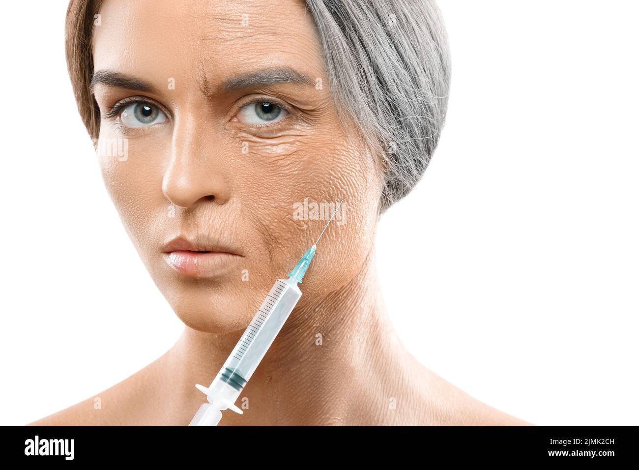 Young and old face comparison. Woman with syringe. Stock Photo