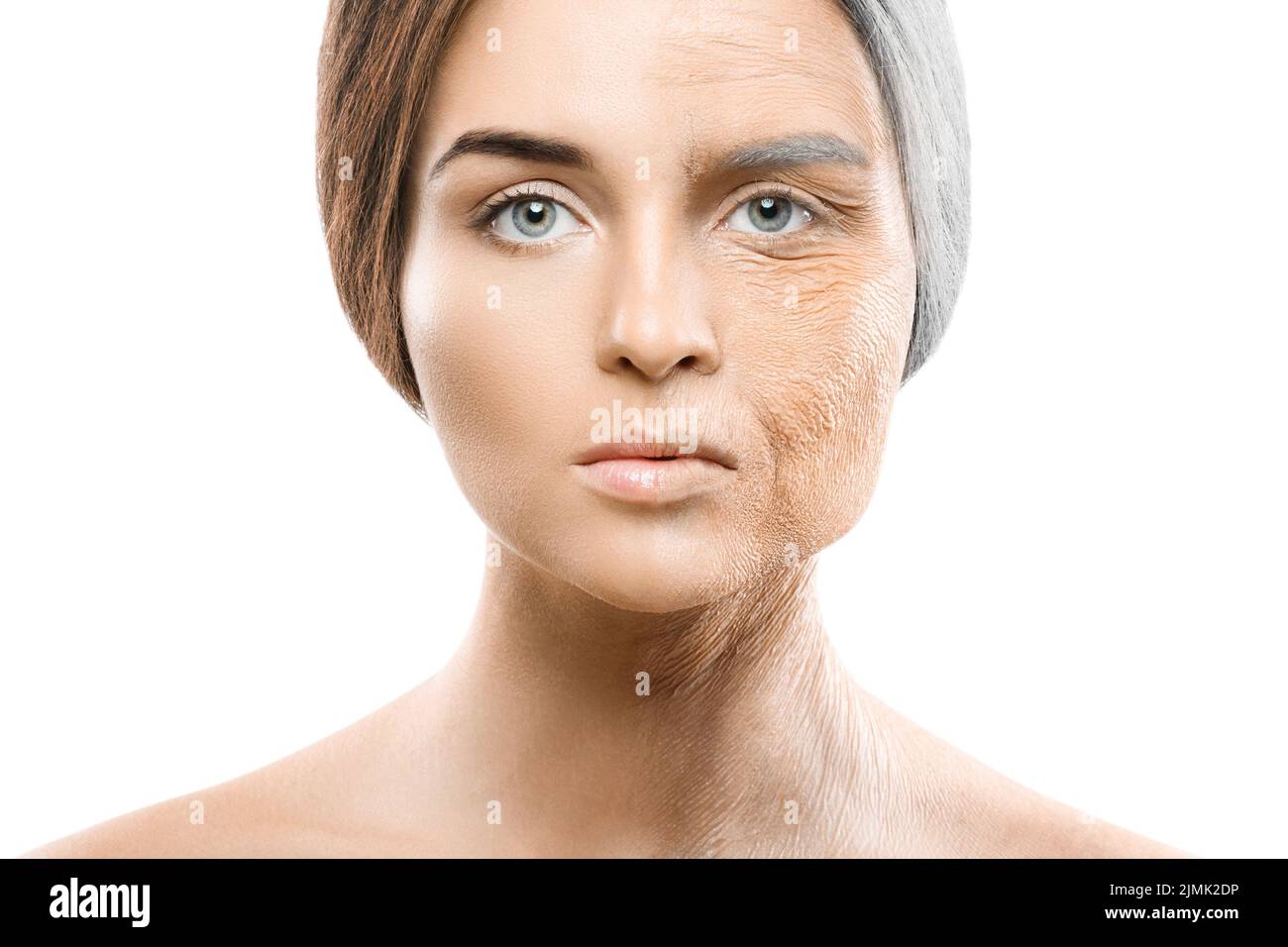 Aging concept. Young and old face comparision. Stock Photo