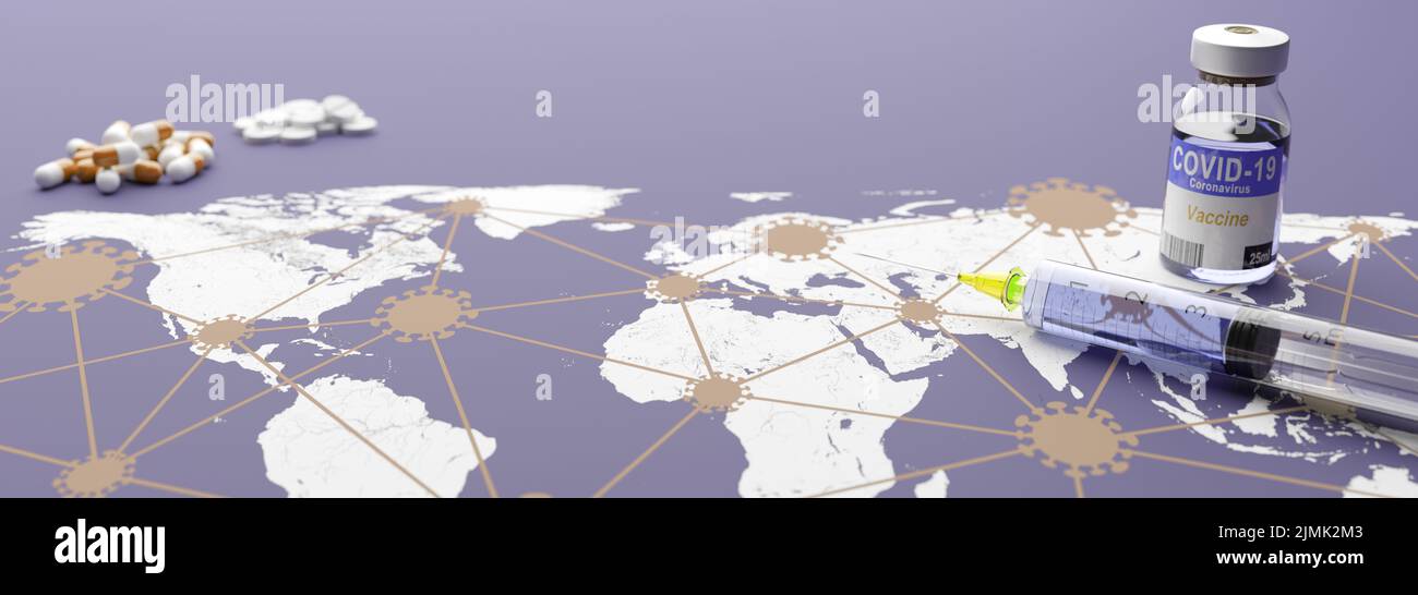 Medical syringe with a needle vaccinated the Earth. 3D rendering
