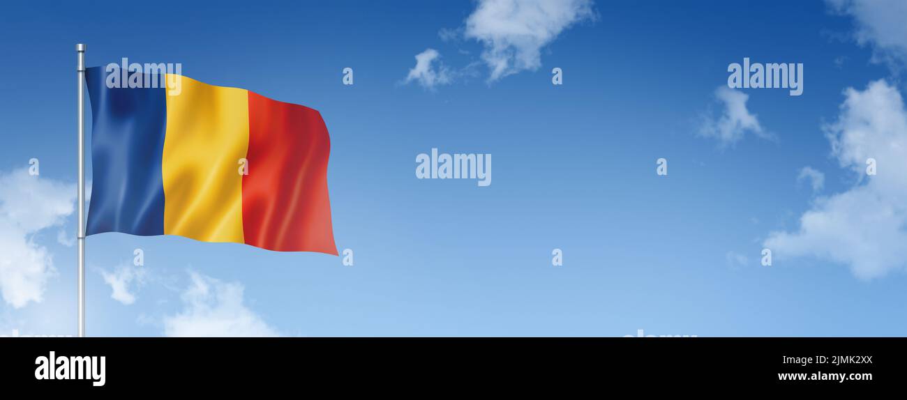 Romanian flag isolated on a blue sky. Horizontal banner Stock Photo