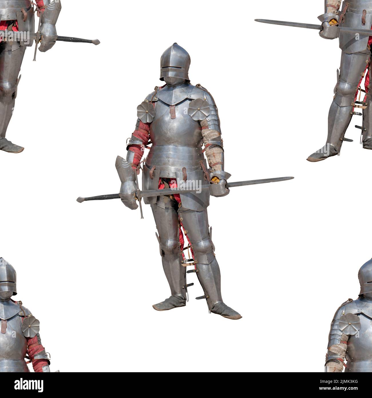 Knight in shiny metal armor on a white background. Seamless pattern. Stock Photo