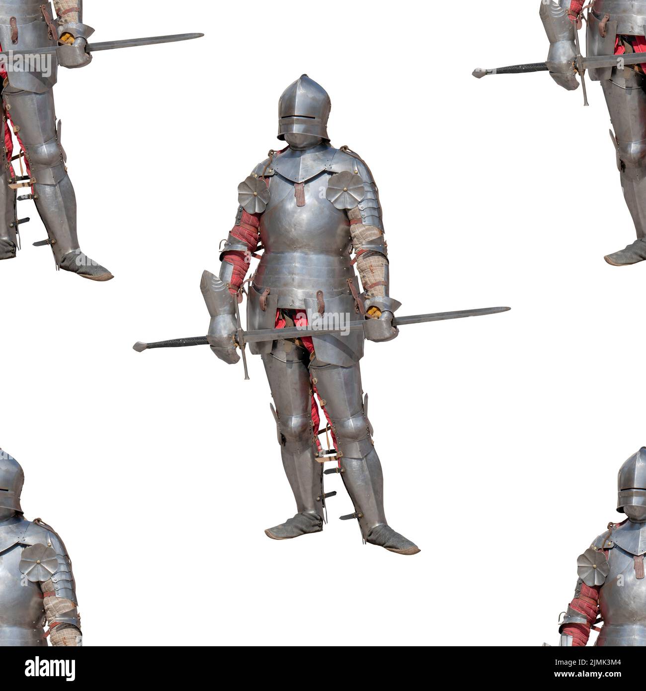 Knight in shiny metal armor on a white background. Seamless pattern. Stock Photo