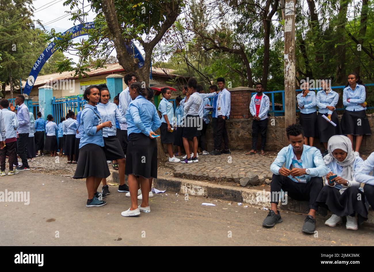 Ethiopian students behind secondary school in Gondar, Ethiopia Stock