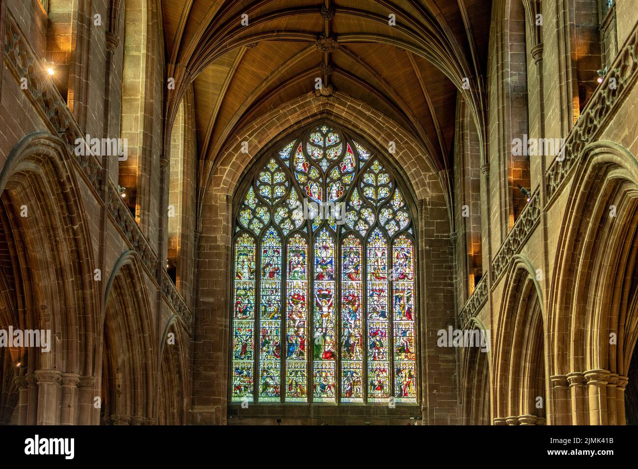 Stained Glass Window in the Cathedral, Chester, Cheshire, England Stock