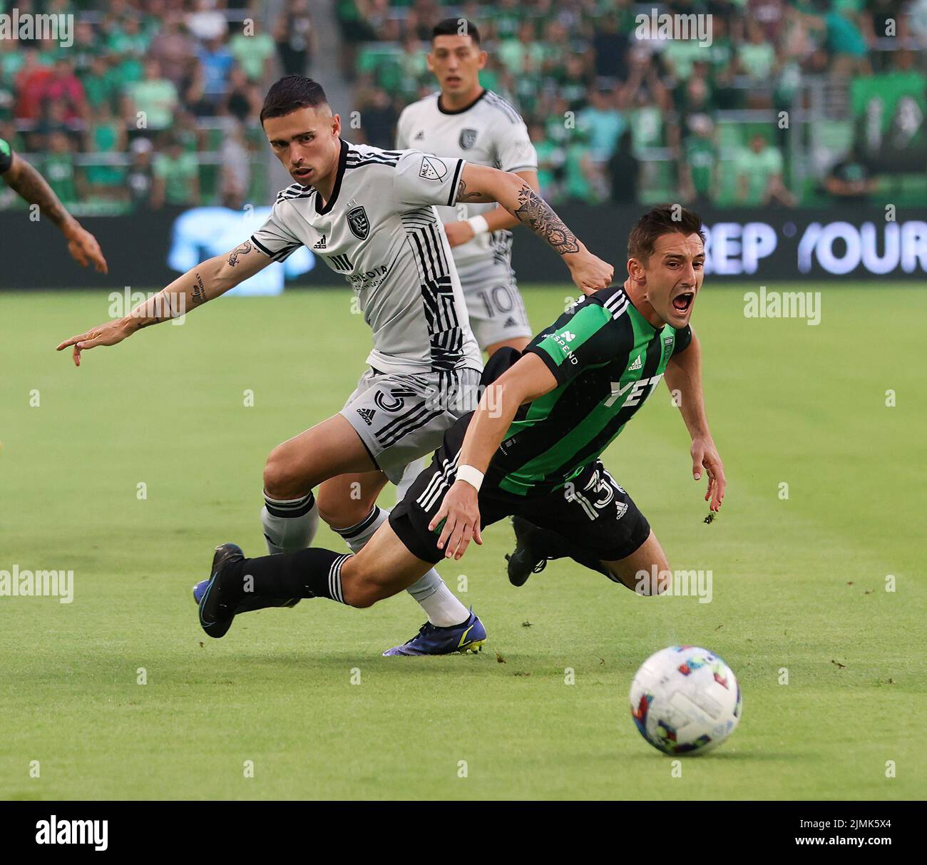 Austin, Texas, USA. 6th Aug, 2022. Austin FC midfielder Ethan Finlay (13) is fouled by San Jose Earthquakes defender Paul Marie (3) during a Major League Soccer match on August 6, 2022 in Austin, Texas. The match finished in a 3-3 draw. (Credit Image: © Scott Coleman/ZUMA Press Wire) Stock Photo