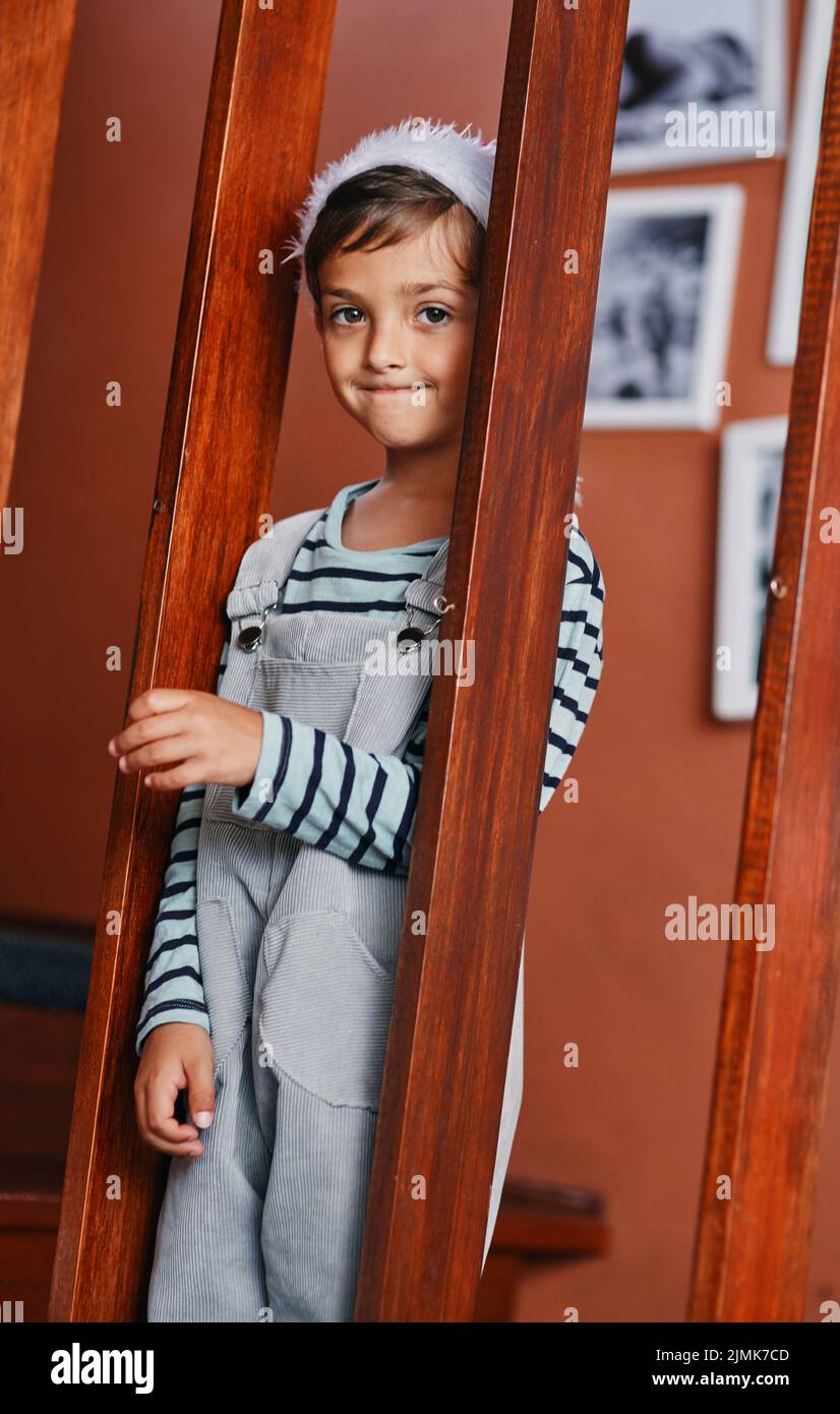 Im here on behalf of Santa. Portrait of an adorable little boy at home during Christmas. Stock Photo