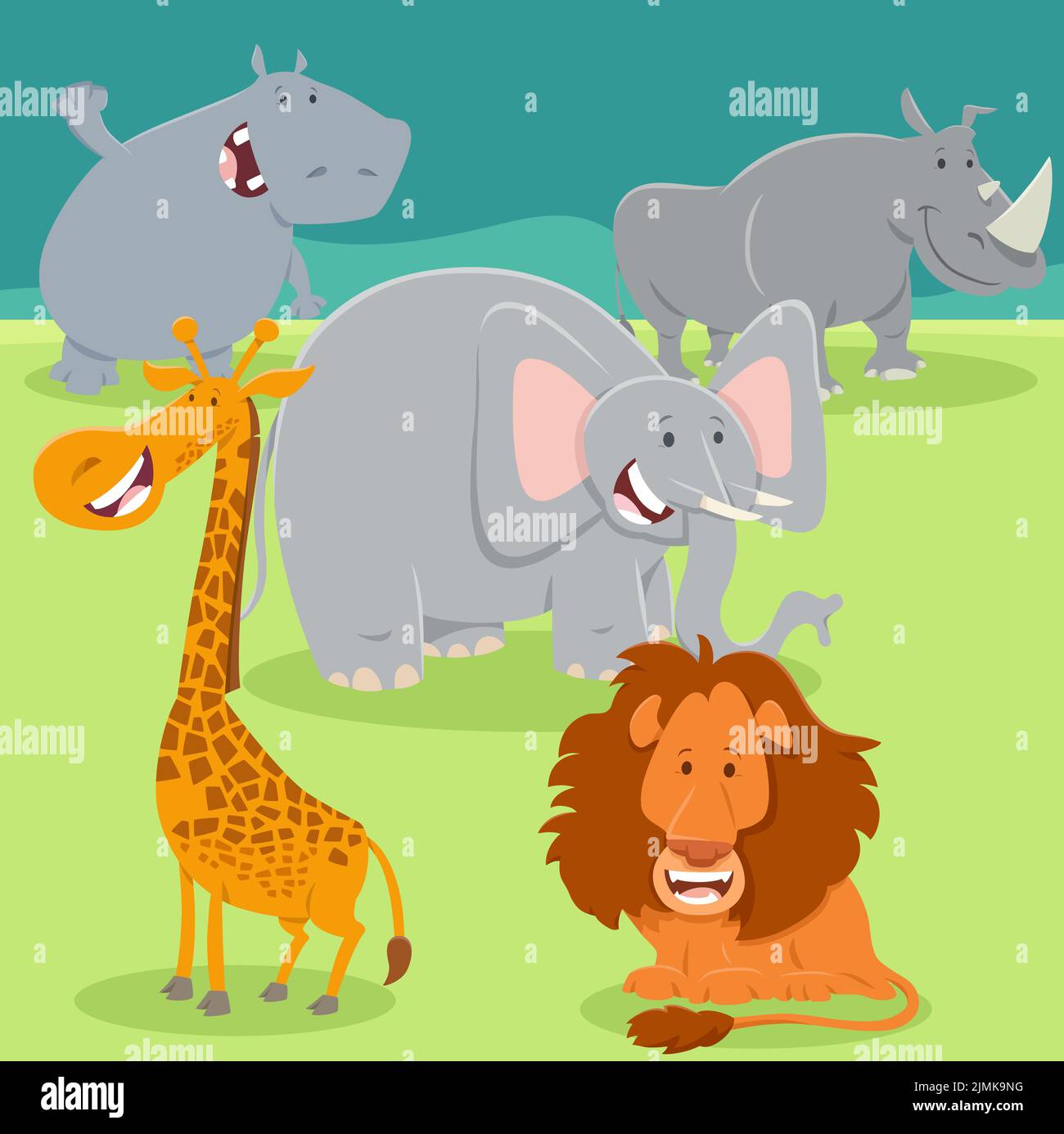 Cartoon happy wild safari animal characters group Stock Photo - Alamy