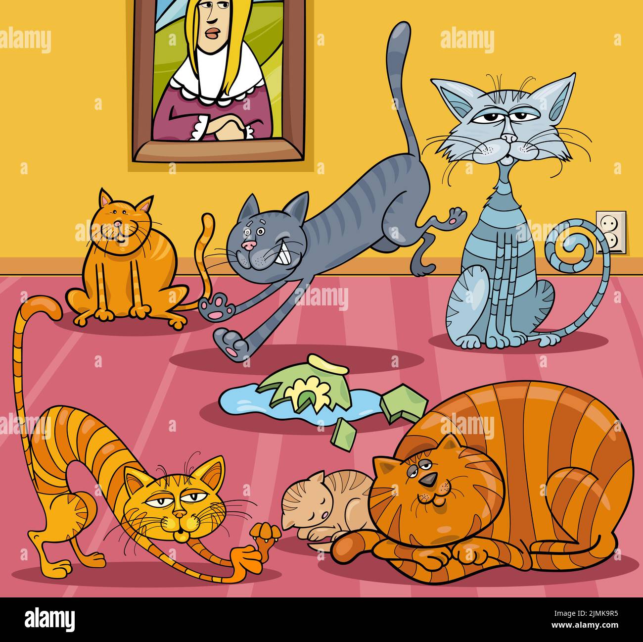 Cartoon cats animal characters making a mess Stock Photo